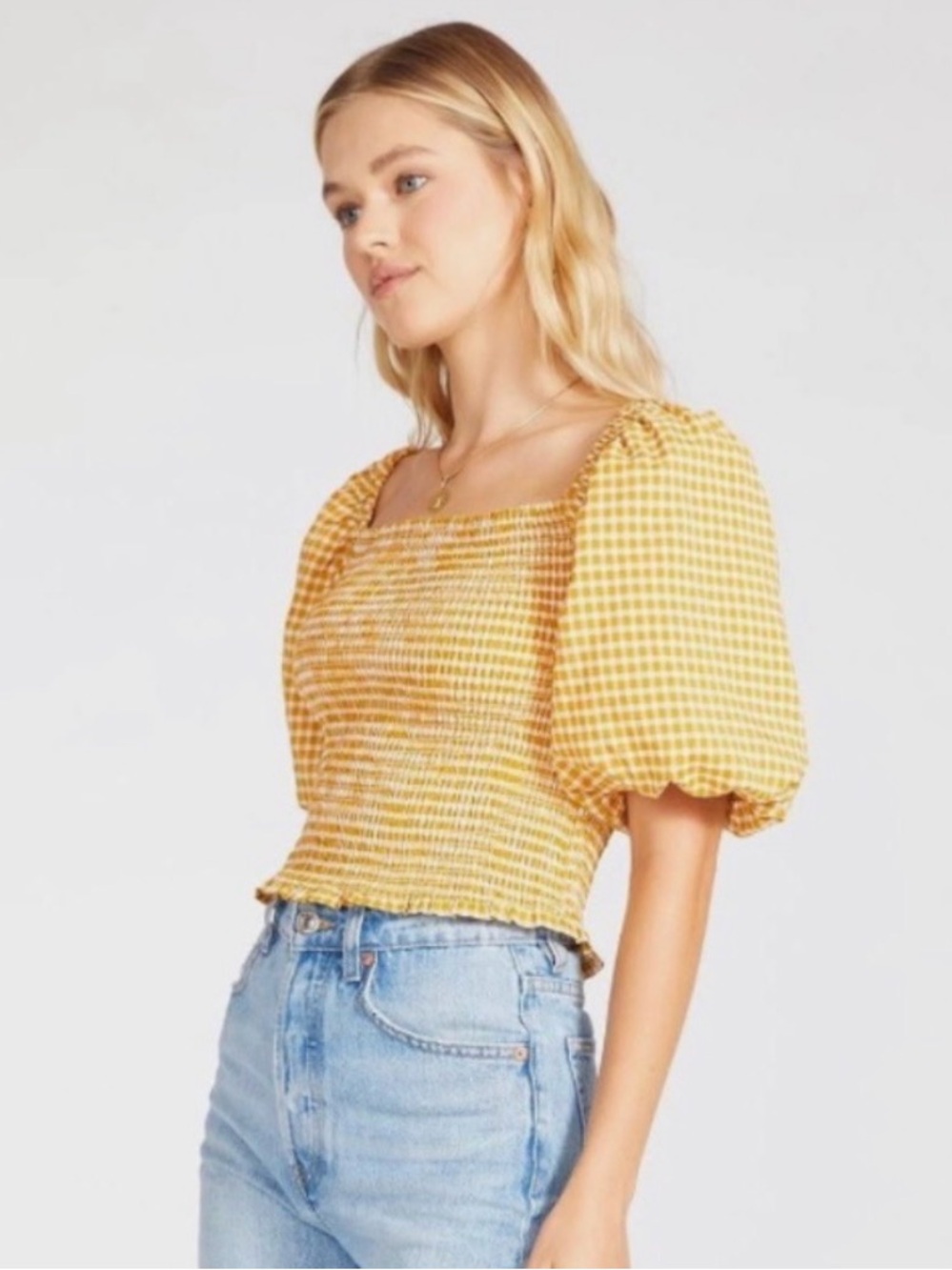 BB Dakota by Steve Madden Yellow Gingham Smocked Puff Sleeve Crop Top